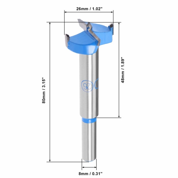Forstner bor 26mm, hårdmetal træhulssav, træbearbejdning hængselhul, bor til boring af huller (blå, grå)