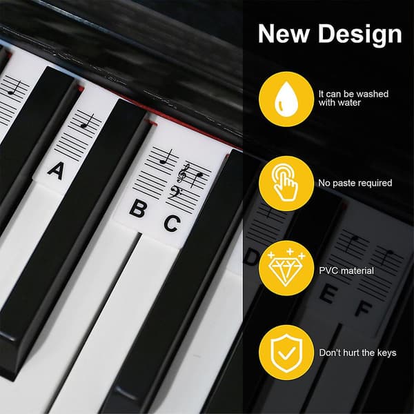 Silicone 88 Keys Piano Note Stickers - Removable & Reusable Black and White