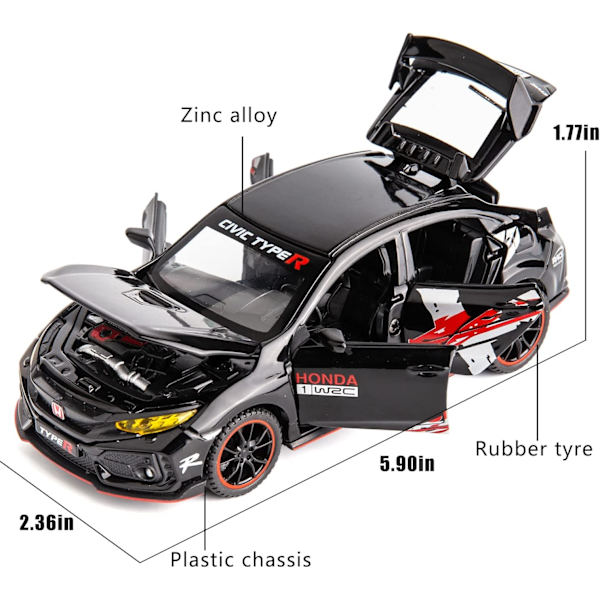 Diecast-auto 1/32 Honda Civic Type-R -malliauto, vetäytyvä leluauto valoilla ja äänillä