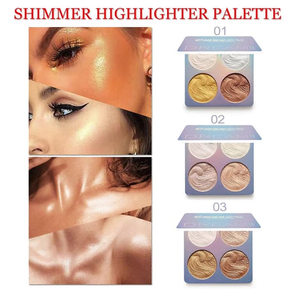 Highlighter Palette - Langtidsholdbar Vandtæt Fire Nuancer Shimmer til Rejsevenlig Makeup