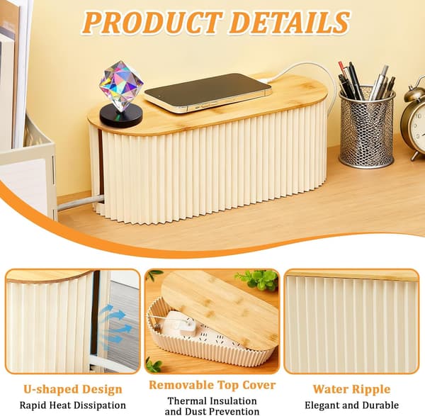 Cable Box with Bamboo Lid, Cable Management Box, Portable Under Desk Cable Box, Cable Organizer for TV Cables, Power Strips