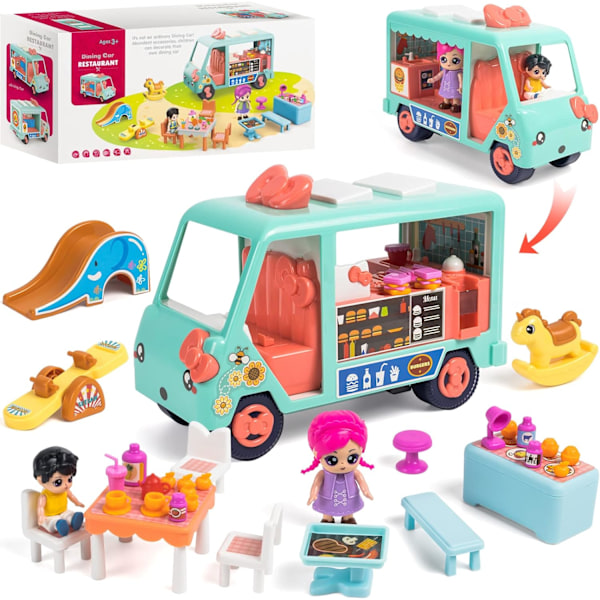 Dockhusbil leksaker för flickor 3 4 5 6+ år, Dinning Car Dream House lekset med dockor och tillbehör, Mini Camper Little People