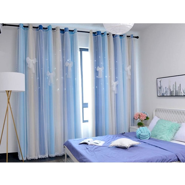 Gardiner gardiner (ca. 200 cm) lange rommørkningsringer 2 lag, 1 stk blå beige, bredde 1,5 * høyde 2,0 m et stykke 【Sløyfe】!