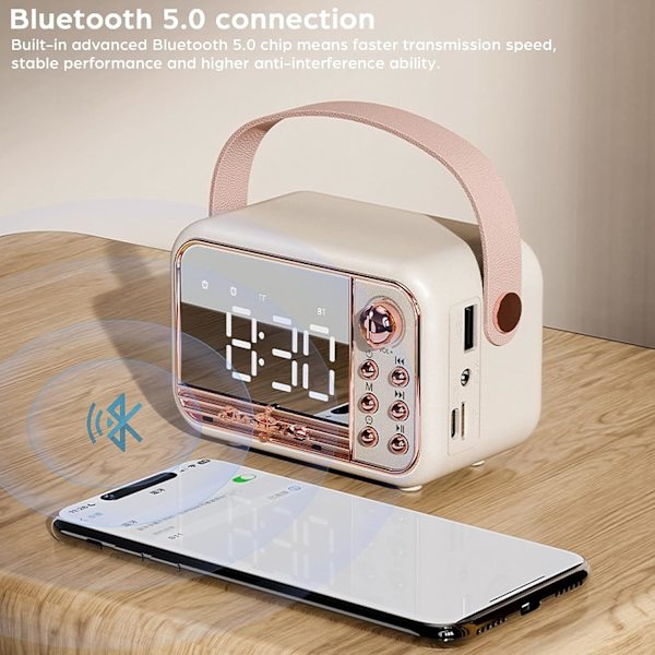 Retro bärbar trådlös Bluetooth-högtalare med väckarklocka Volym Bluetooth 5.0, stödjer TF-kort U-disk AUX för kök sovrum, hem och utomhus (vit)