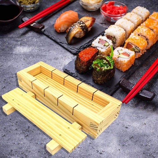 Sushi-tillverkningssats i bambu, trä, gör-det-själv-sushi-tillverkare, handpressningsform, risrullsform, formspatel, gör-det-själv-sushi-verktyg för hemmet med spår