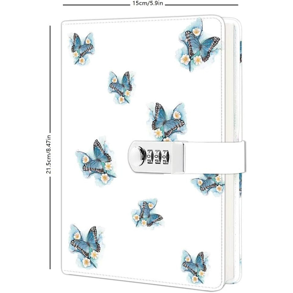 Dagbok med lås för flickor, A5 PU läderjournal med lås för kvinnor, 220 sidor hemlig dagbok med lås (fjäril)