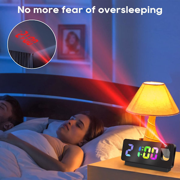 Projektionsvækkeur til soveværelse, LED-vækkeur til soveværelse, RGB-farveskiftende ur til teenagere, børn, snooze, dobbelt højlydt vækkeur (sort)