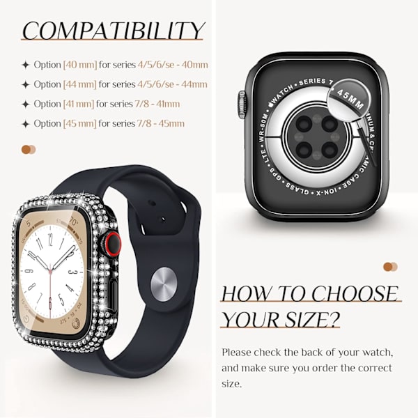 Goton 2 in 1 vedenpitävä bling-kotelo Apple Watch 40mm näytönsuojalle SE (2. sukupolvi) Series 6 5 4, täysi glitter-timantti-timanttisuoja