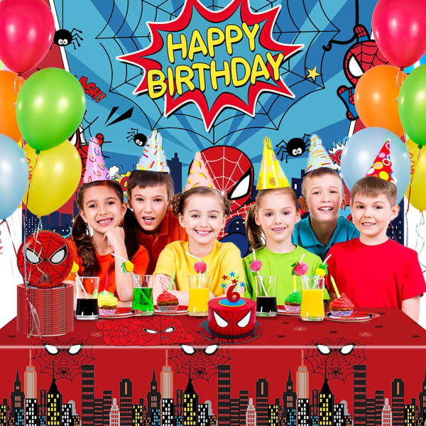 Superhjälte Bakgrund Happy Birthday Cartoon Temafest Dekoration Barn Pojkar Stad Landskap Blå Fotografi Bakgrund Banner Dessertbord (7x5FT)