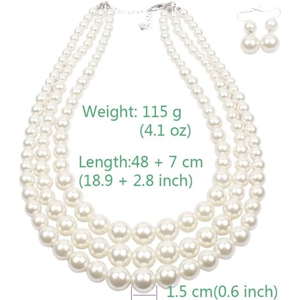 Simulert perle choker - Flerlags perle halskjede - Flerstrenget perle statement brude choker halskjede for bryllupsfest smykker 20-tallet flapper - Hvit