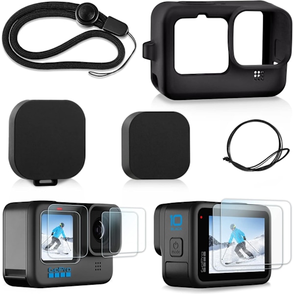 Silikone etui og skærmbeskyttelsessæt til GoPro Hero 12/11/10/9 sort inkluderer silikone etui, 6 hærdet glas skærmbeskyttere og 2 linsebeskyttere