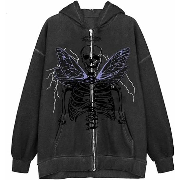 Dame Full Zip Up Hoodie Halloween Langærmet Grafisk Jakke Goth Sweatshirt Pige Gadetøj (Farve: Mørkegrå, Sort. Størrelse: S)