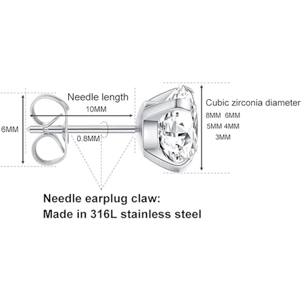 5 par stud ørepynt sett, hypoallergenisk kubisk zirkonia 316L ørepynt rustfritt stål CZ ørepynt 3-8mm