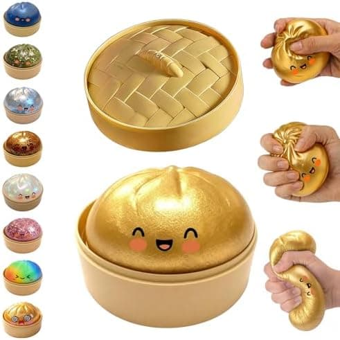 Glitter Dumpling Squishy, Dumpling Squishies, Glitter Dumpling Mystery Box, Farverige Dumpling Stressbolde Fidget, Jumbo Squishy Legetøj med Damperkasse Sæt Gold