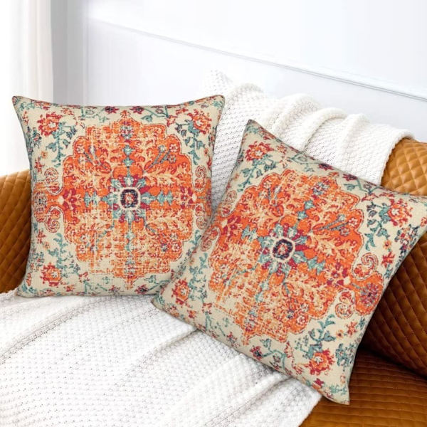 Orange Bohemian Kuddfodral 18x18 Set om 2, Etnisk Mönster Kuddfodral Bohemian Lantlig Hus Soffa Inomhus och Utomhus Dekoration