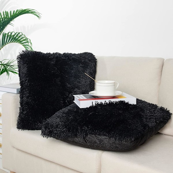 Et sæt med 2 pudebetræk 18x18, sort fluffy pudebetræk, luksuriøst kunstpels firkantet sofapudebetræk, sofa, stue, soveværelse, uden pudebetræk