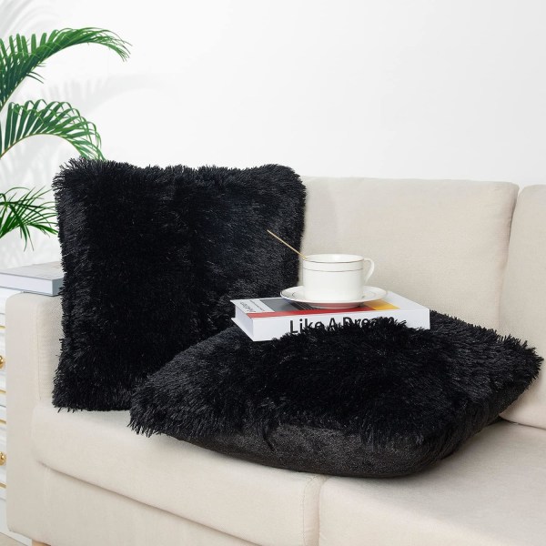 Et sæt med 2 pudebetræk 20x20, sort fluffy pudebetræk, luksuriøst kunstpels firkantet sofa pudebetræk, sofa, stue, soveværelse, uden pudebetræk