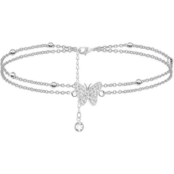 14K Butterfly Silver anklets for Women - Adjustable Layered Women's anklets - Jewelry Anklet Gifts for Women Teen Girls