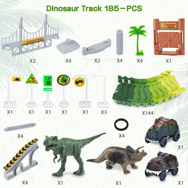 Dinosaurie leksaker, skapa en dinosaurie världsväg race, flexibel spår lekset och 2 st coola dinosauriebilar för 3 4 5 6 år & upp gamla pojkar flickor bästa present