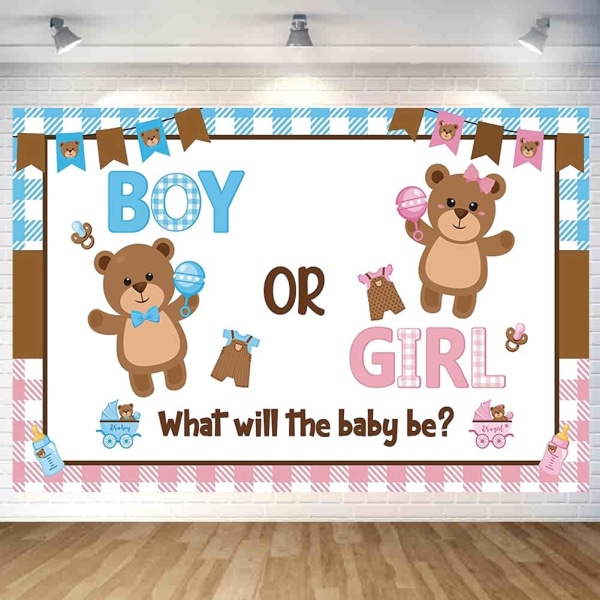 Bear Gender Reveal Backdrop Decoration Bear Baby Shower Banner Pojke eller flicka Bakgrund Inomhus Utomhus Gender Reveal Party Supplies 70,8 x 47,2 tum