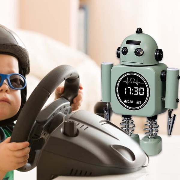 Barnväckarklocka med LED-tid och temperaturdisplay, metallisk icke-tickande robotväckarklocka, väckarklocka med blinkande ögon och roterande arm