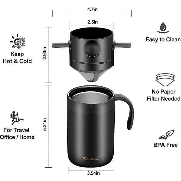 Bærbart kaffesæt til camping med krus og filter i rustfrit stål Svart
