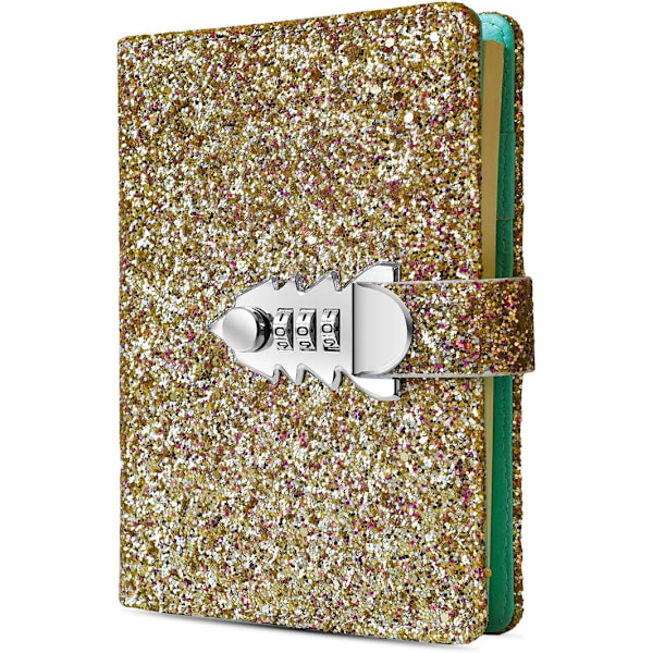 Låsbar journal med kombinasjonslås, skrive-reisedagbok, A6 permer PU-lær refillable journal (gull)