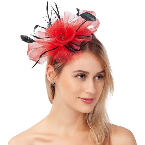 Fascinator-hatt for kvinner til teselskap, kirke, cocktail, fjær, slør, pannebånd med hårklips