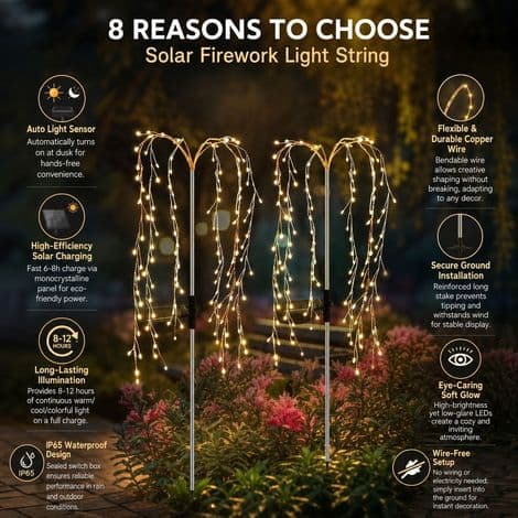 Solar Waterfall String Lights – 200 LED, Copper Wire, IP65 Waterproof, Warm White Light – Automatic Outdoor Decoration for Garden and Patio