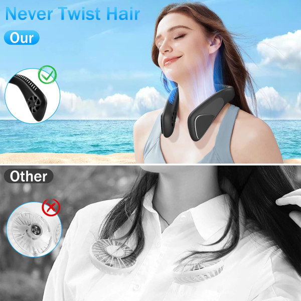 Halsfläkt Bladlös bärbar hängande halsfläkt med 3 hastigheter, nackfläkt för kvinnor män Uppladdningsbar USB, personliga fläktar rund hals, bärbar fläkt ansiktsfläkt