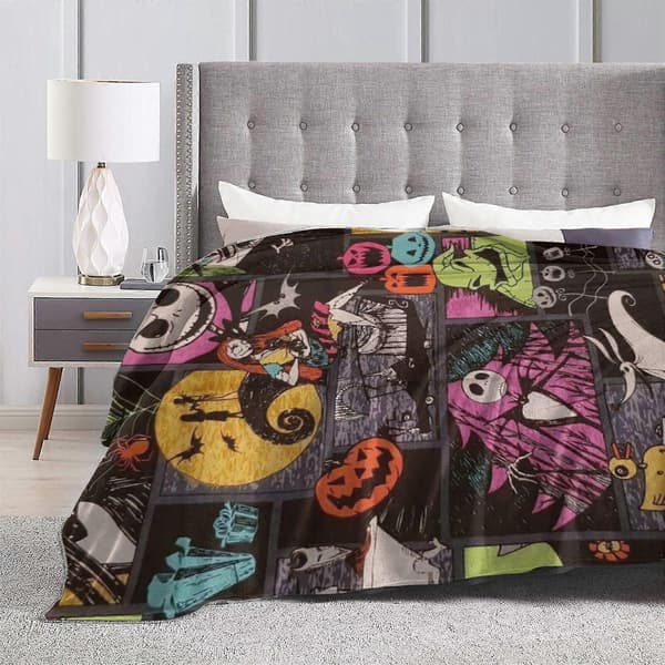 The Nightmare Before Christmas hotel-tæppe, anime-tæppe til seng, sofaplæd, ultramødt fleecetæppe til soveværelse og stue, 60 x 50 tommer, sort