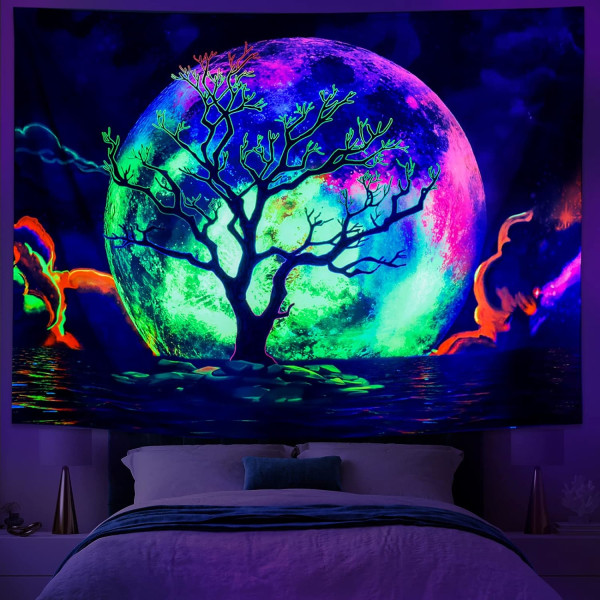 Svartljus Måne Gobeläng Trippy Galaxy Moln Gobeläng Trä Gobeläng UV Hav Hav Vägg Gobeläng Färgglad Stjärnhimmel Gobeläng Vägg Hängande för Sovrum
