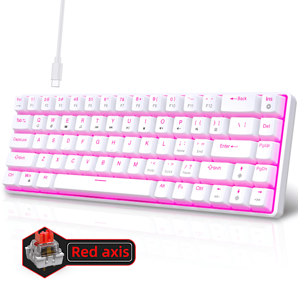 V800 68-tasters mekanisk spilltastatur, LED-bakgrunnsbelyst kablet tastatur, støtter akseutskifting, egnet for Windows XP/10/11, MAC, Linux (rød akse) White/pink light