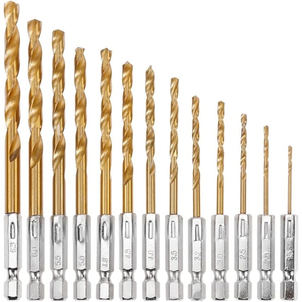 Titanium Twist Drill Bit Set - 13 deler sekskantet skaft HSS for tre, plast, aluminiumlegering, 1,5-6,5 mm Twist Drill Bit