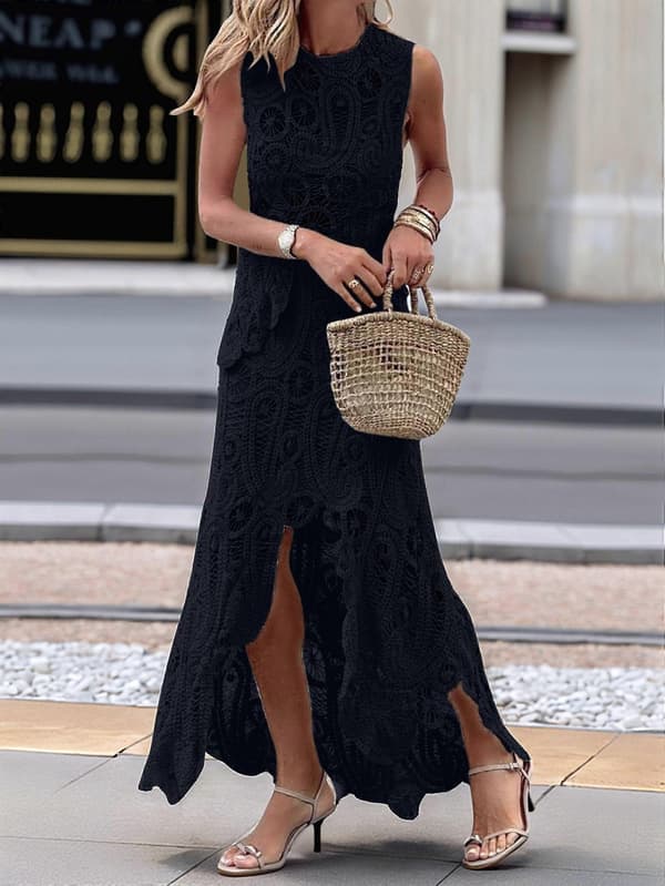 Kvinde todelt nederdelssæt sommer cut-out hi-low hæklet strikket maxikjole sort L Black L