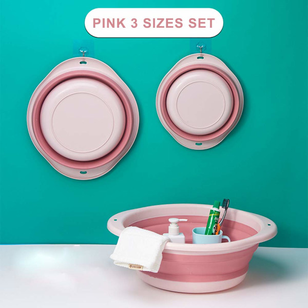 3-pack hopfällbar tvättfat set, baby barn tvättfat diskho för resor hem, 3 olika storlekar set platsbesparande rosa