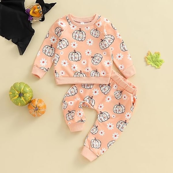 Barnekostyme for Halloween til småbarn og jenter, søtt gresskartrykk, genser og bukse med sleng (størrelse: 80 cm), anbefalt alder: 6–12 måneder