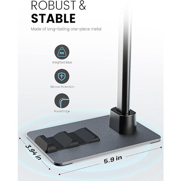 [Sterk og stabil base] Telefonholder, maks høyde 15,4\", overhead høy stativ for opptak, kompatibel med alle 4,7-12,9\" telefon- og nettbrettstativ for kontor