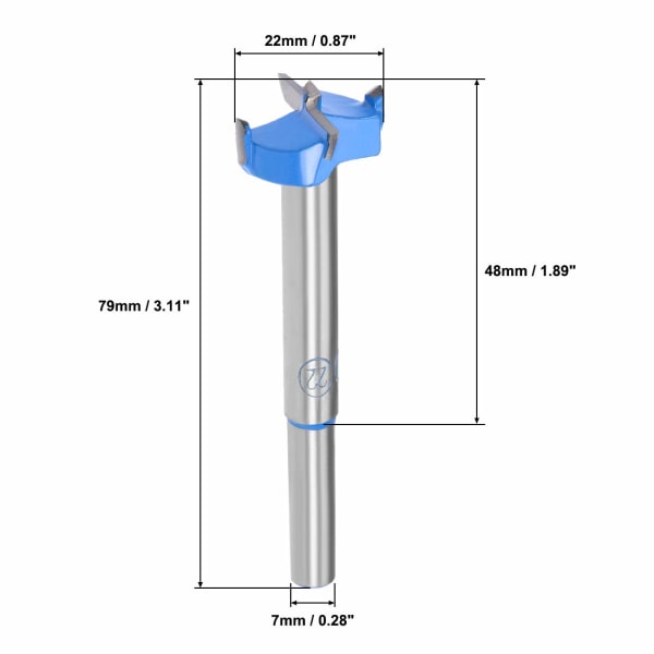 Forstner-bor 22mm, hullsag i wolframkarbid, treskruåpner, trebearbeiding hengselhullboringssag (blå, grå)
