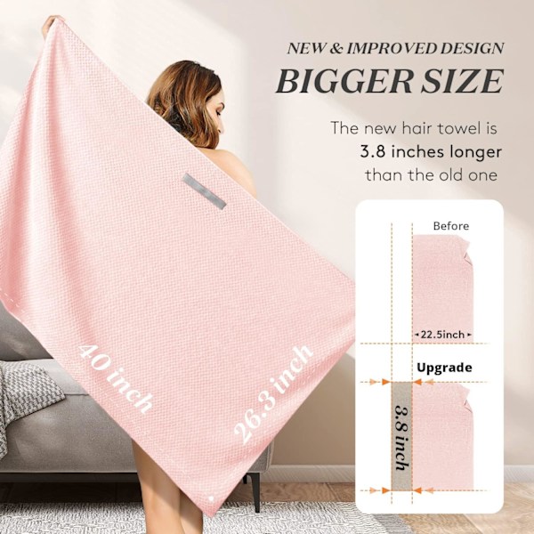 Stort mikrofiberhåndkle for kvinner, anti-frizz håndkle med elastisk bånd | Superabsorberende | Speed ​​Towel Pink