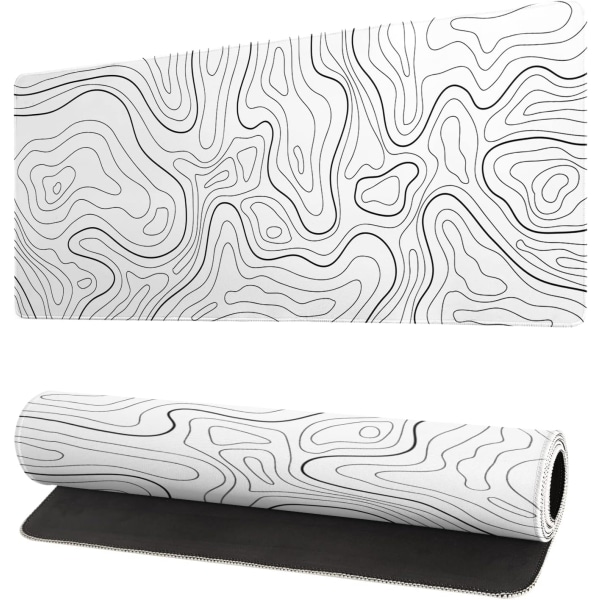 Topographic Contour White Gaming Mouse Pad XL Geographic Map Lines Extended Big Large Desk Mat Non-Slip Rubber Base Stitched Edge,31.5x11.8 Inch