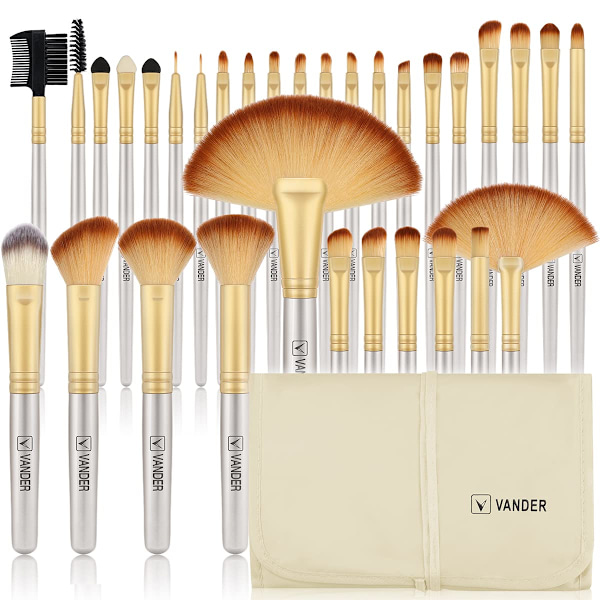 Sminkborstar, VANDER Professionellt 32-delars sminkborstset, sminkborstar set foundation blending kosmetisk borste set kit, champagne