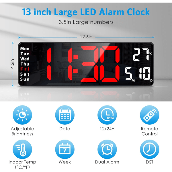 Digitalt ur, 13\" stort display digitalt vægur til stueindretning, LED stort vægur med fjernbetjening, timer, 12/24H