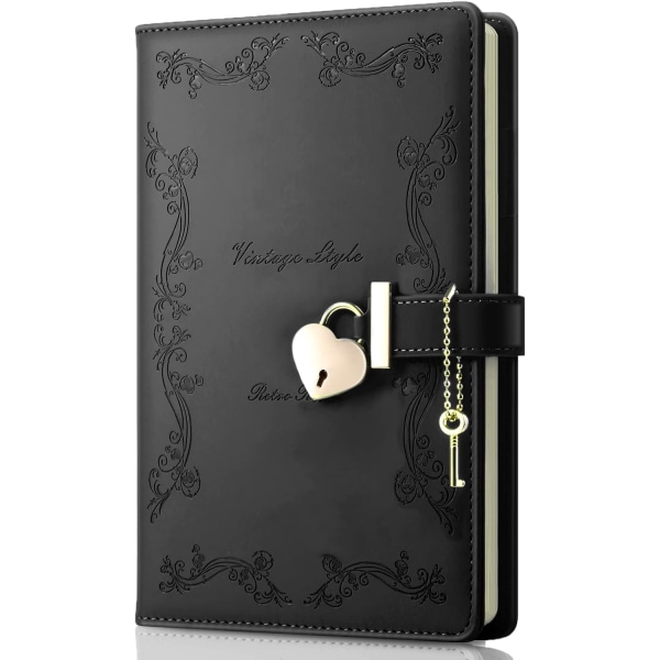 Flickeböcker med lås och nyckel, söt hjärtformad låsjournal för kvinnor, påfyllningsbar A5 vintage hemlig PU-läder anteckningsbok present till tonårsflickor - Svart
