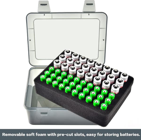 Batterioppbevaringsboks, rommer 54 AA/AAA-batterier, egnet for batterioppbevaring i garasjer, hjemme i skuffer, etc. (boks inkludert)