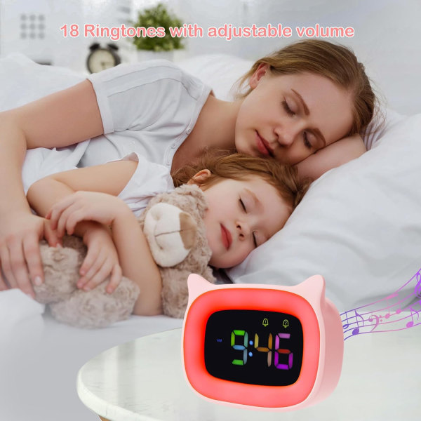 Belyst børnevækkeur til teenagere piger drenge RGB 8 skiftende farver, 18 ringetoner, to alarmer, 12/24 timers snooze-tilstande pink