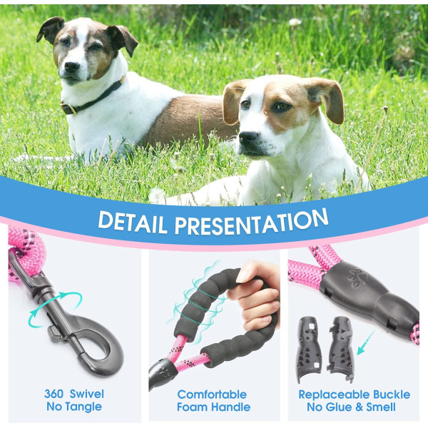 Hundehalsbånd med komfortabelt polstret håndtak og svært reflekterende tråder for små, mellomstore og store hunder (6FT-1/2'', rosa)