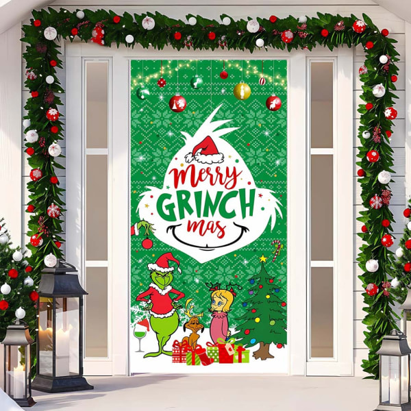Juledeksel for dør, Merry Grinchmas-skrift, skilt for veranda, vinter, nyttår, juledekorasjoner og -rekvisita til hjemmefest