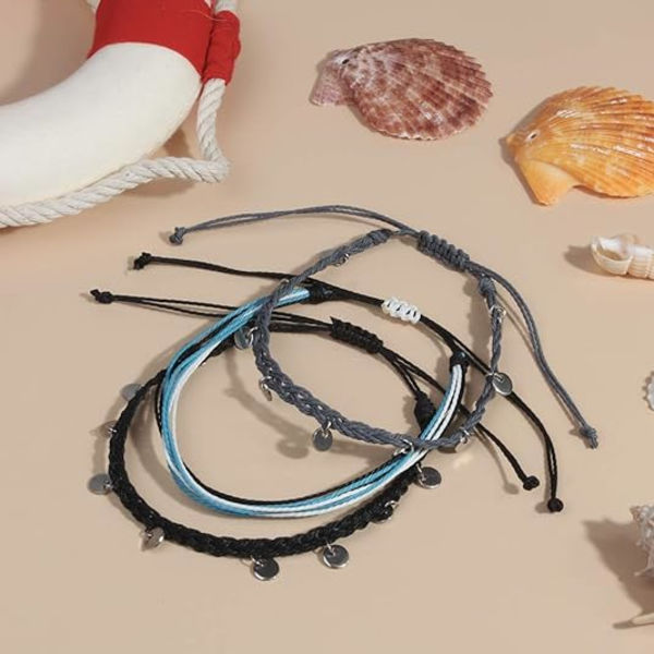 Vattentäta fotlänkar med snöre, flätade strandboho-anklets med mynt, söta vänskapsanklets för kvinnor och tonårsflickor