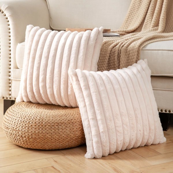 2-pack, dubbelsidig konstgjord päls plysch dekorativa kuddfodral luddiga randiga mjuka örngott kuddfodral beige 18x18 tum